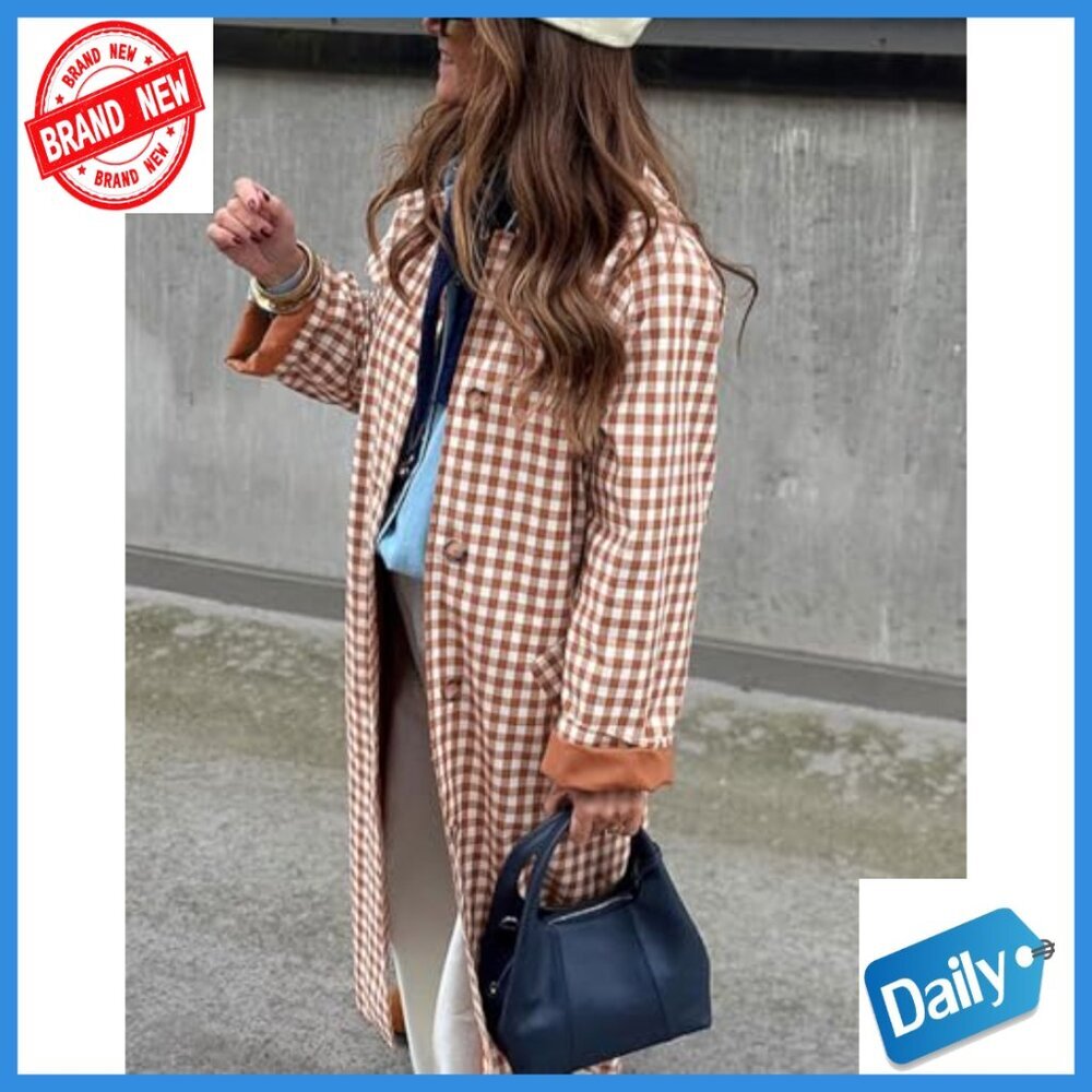 Women's Long Trench Coat Plaid Barn Jacket Single Breasted Casual Outerwear - Picture 6 of 7